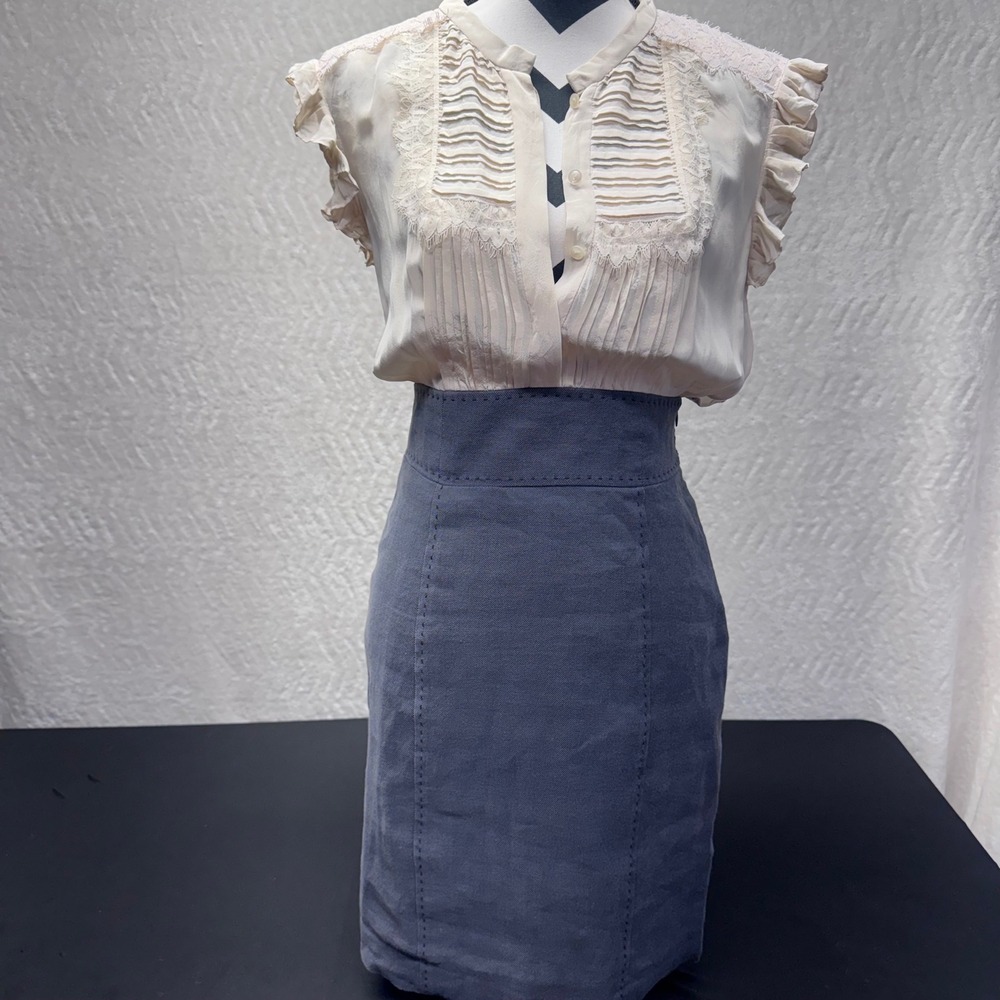 Rebecca Taylor Womens Size 2 Mixed Media Lace Pintuck Ruffle Silk Denim Dress